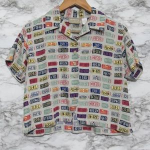 Liz Claiborne Multi License Plate Cropped Button Down Shirt Size Large Petite
